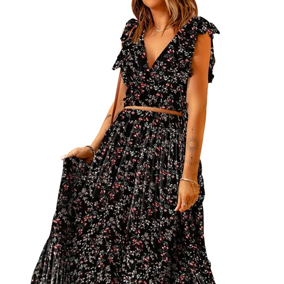 Dresses & Skirts - B062 Black Multicolor Floral Ruffled Crop Top and Maxi